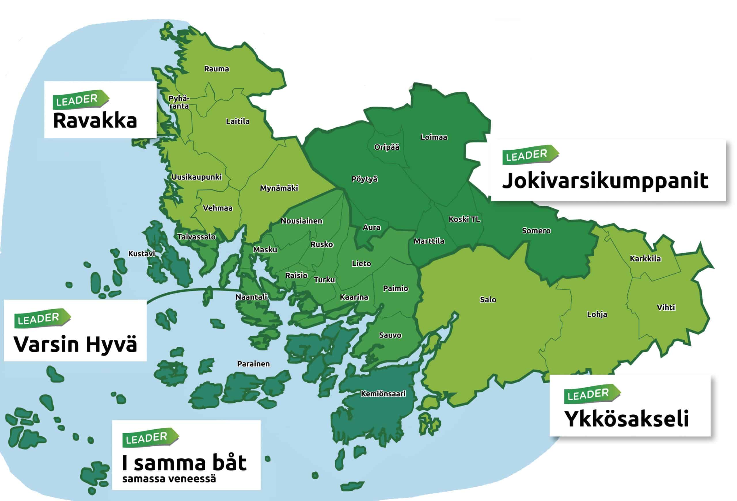 Varsinais-Suomen kartta, jossa näkyy Leader-ryhmien aluerajat.